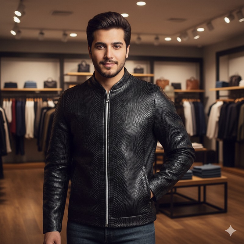 کاپشن چرم طرح پوست مار ساده مردانه مدل Yasan